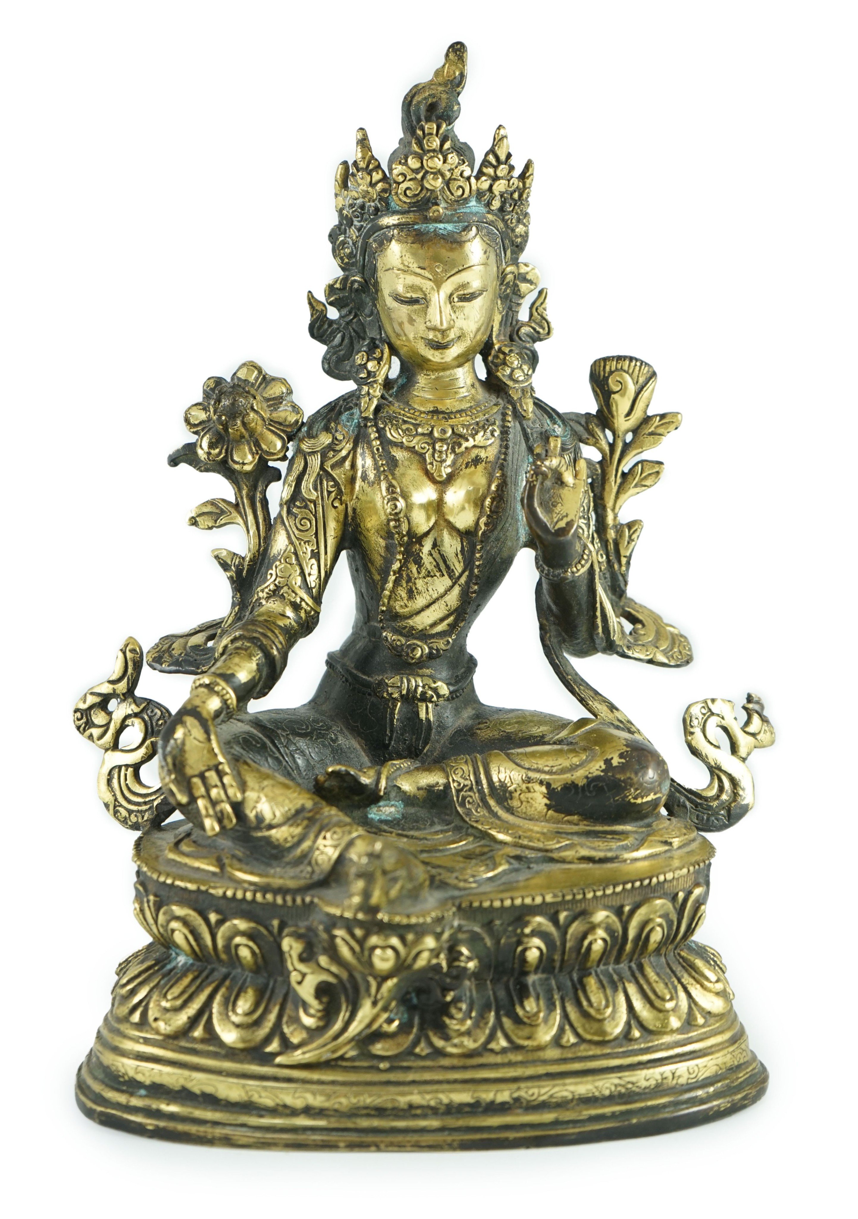 A Sino-Tibetan bronze seated figure of Green Tara, 23.5 cm high